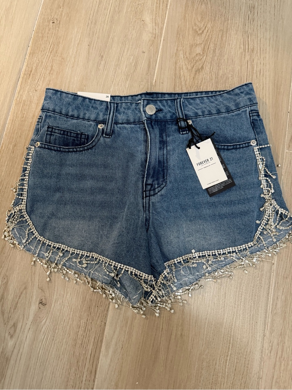 Forever 21 Blue Denim Shorts with Pearl Beaded Fringe